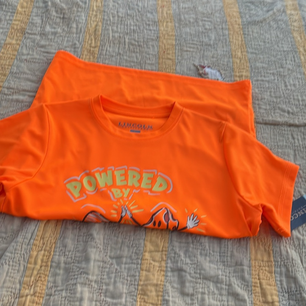 NWT Lincoln Outfitters Safety Orange SS Polyester Tee Powered by Mac & Cheese L